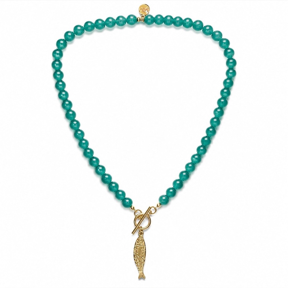 Teal Beaded Necklace with Gold Fish Toggle Pendant
